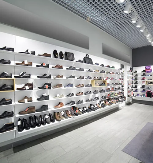 Retail shelving wall stocked after a shop refit